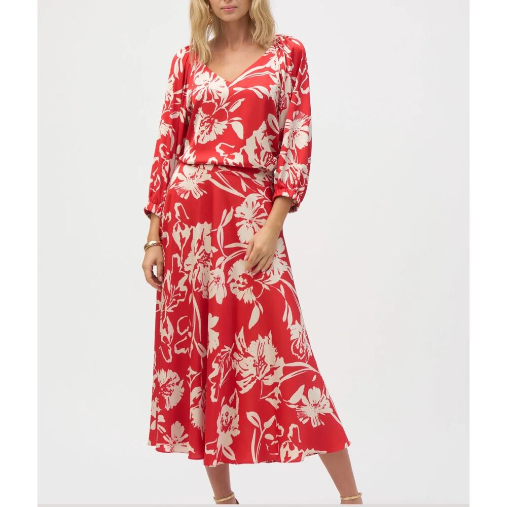 NWT Joseph Ribkoff Floral Blouse and A-Line Skirt Set Red Cream Print Size 10